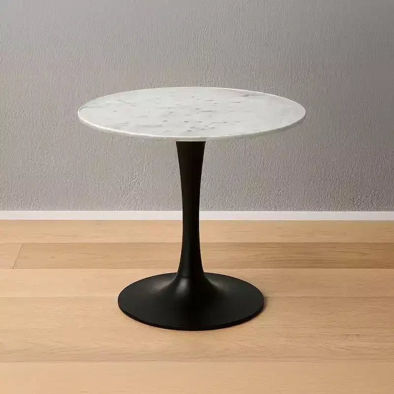 Royal Hampton Dining Table | 30 Inch Round White Genuine Marble Top | Black Metal Tulip Pedestal Base
