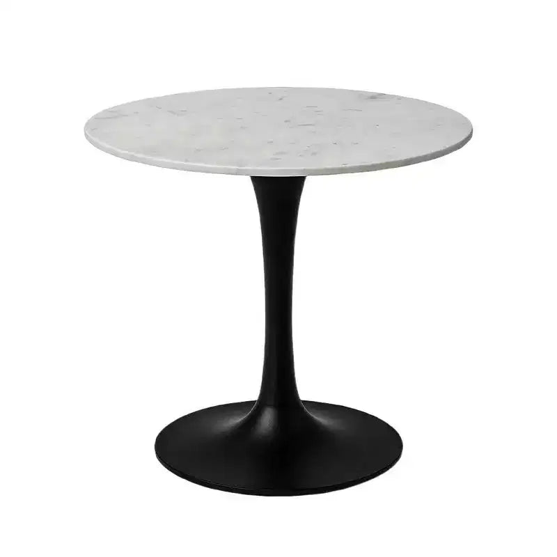 Royal Hampton Dining Table | 30 Inch Round White Genuine Marble Top | Black Metal Tulip Pedestal Base