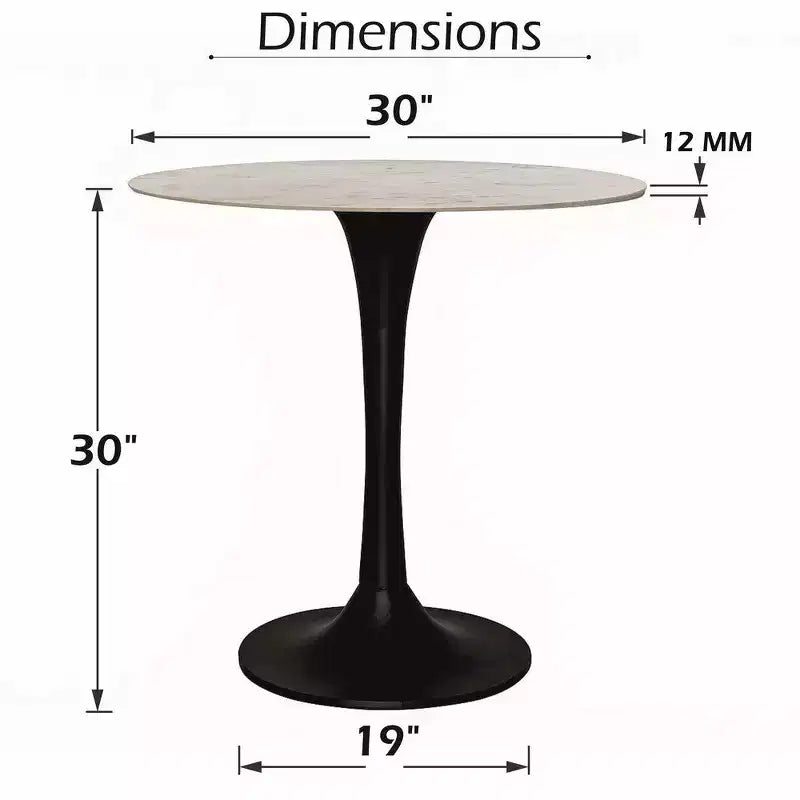 Royal Hampton Dining Table | 30 Inch Round White Genuine Marble Top | Black Metal Tulip Pedestal Base