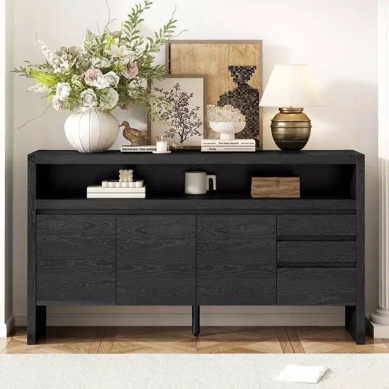 60 Storage Cabinet Buffet Sideboard with 3 Doors, 3 Drawers and Open Shelf, Wood Accent Entryway Console Table Black
