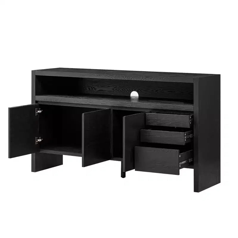 60 Storage Cabinet Buffet Sideboard with 3 Doors, 3 Drawers and Open Shelf, Wood Accent Entryway Console Table Black