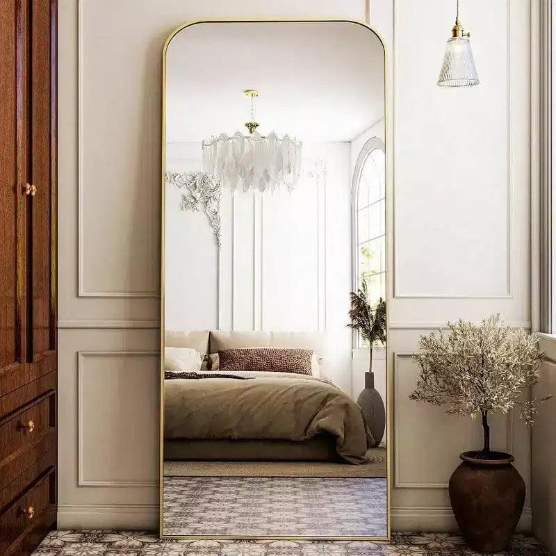 28x71 Gold Full Length Mirror with Stand. Use Freestanding, Hanging, or Leaning as a Large Full Body Mirror