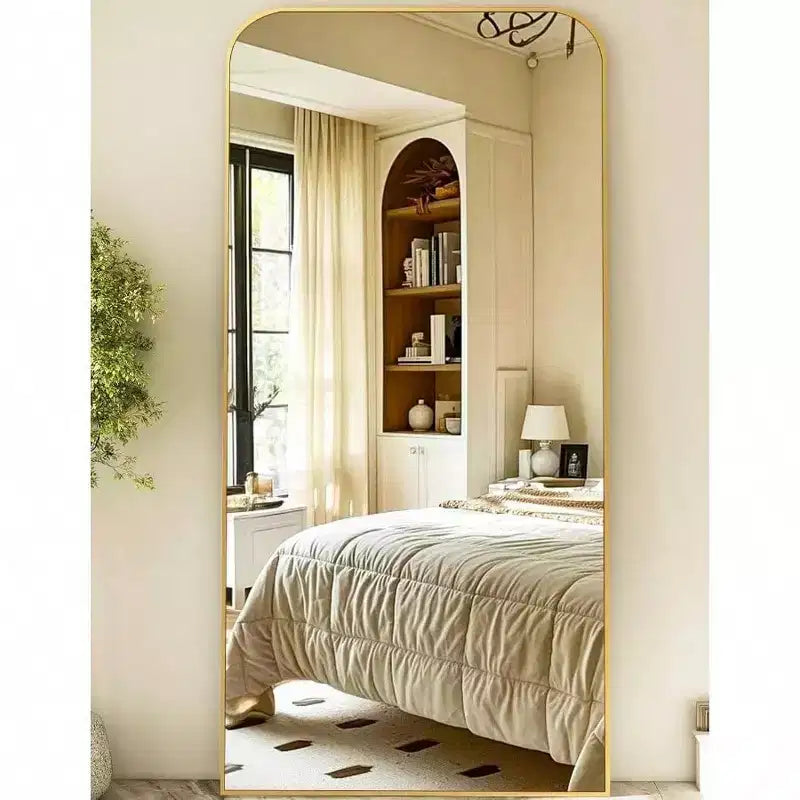 28x71 Gold Full Length Mirror with Stand. Use Freestanding, Hanging, or Leaning as a Large Full Body Mirror