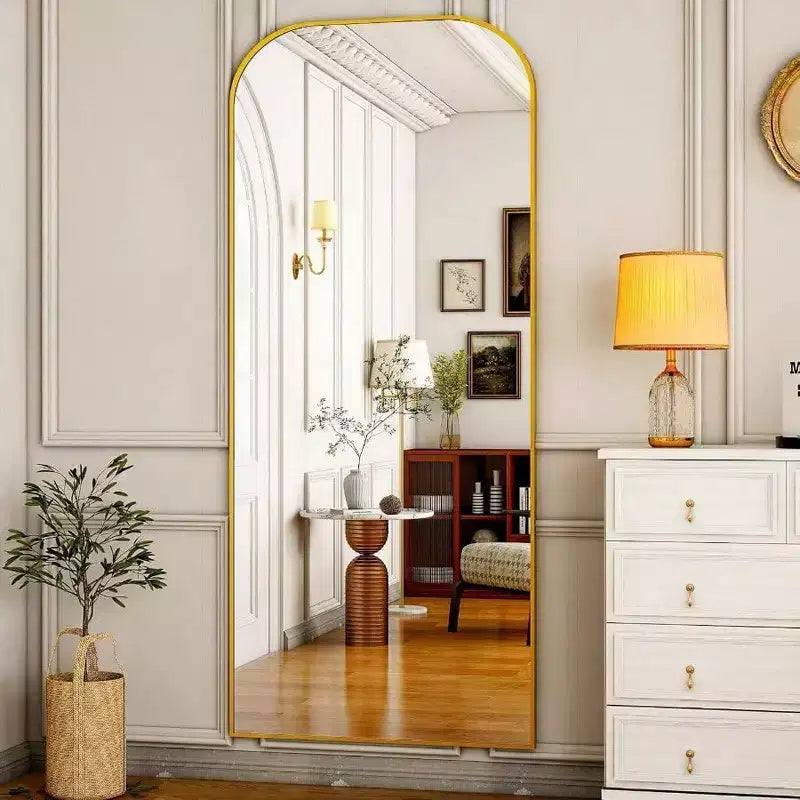28x71 Gold Full Length Mirror with Stand. Use Freestanding, Hanging, or Leaning as a Large Full Body Mirror
