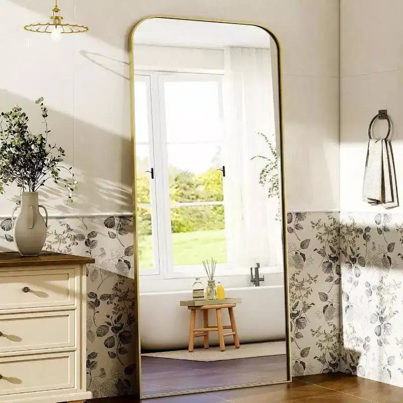 28x71 Gold Full Length Mirror with Stand. Use Freestanding, Hanging, or Leaning as a Large Full Body Mirror