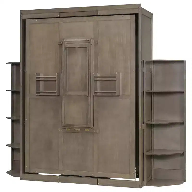 Rotating Queen Size Murphy Bed Space-Saving Wall Bed with Dual Side Shelves, Desk & Storage Racks - ModernLuxe