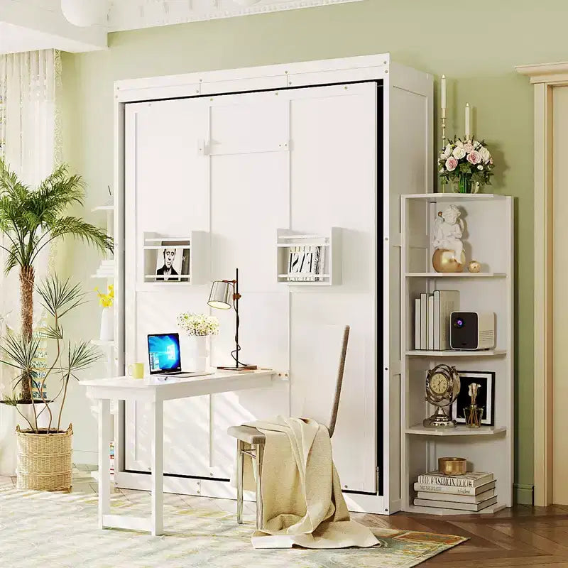 Rotating Queen Size Murphy Bed Space-Saving Wall Bed with Dual Side Shelves, Desk & Storage Racks - ModernLuxe