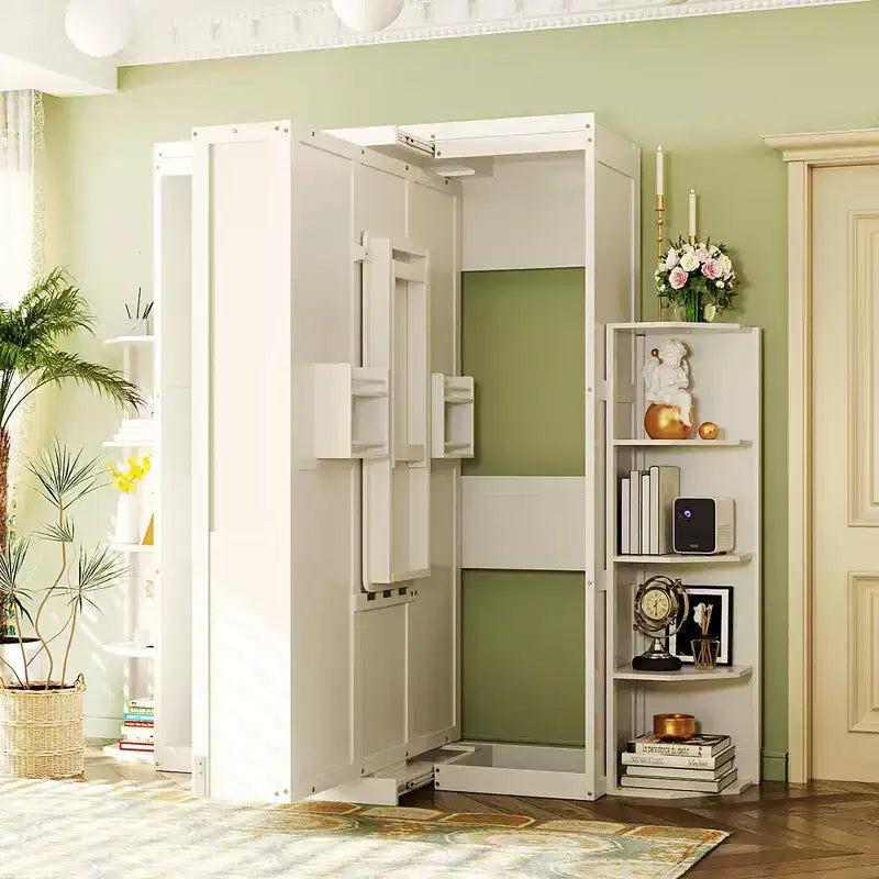 Rotating Queen Size Murphy Bed Space-Saving Wall Bed with Dual Side Shelves, Desk & Storage Racks - ModernLuxe