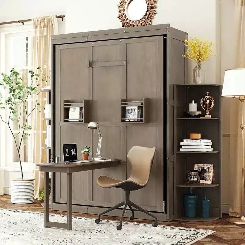 Rotating Queen Size Murphy Bed Space-Saving Wall Bed with Dual Side Shelves, Desk & Storage Racks - ModernLuxe