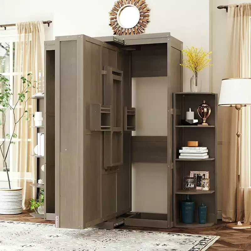 Rotating Queen Size Murphy Bed Space-Saving Wall Bed with Dual Side Shelves, Desk & Storage Racks - ModernLuxe