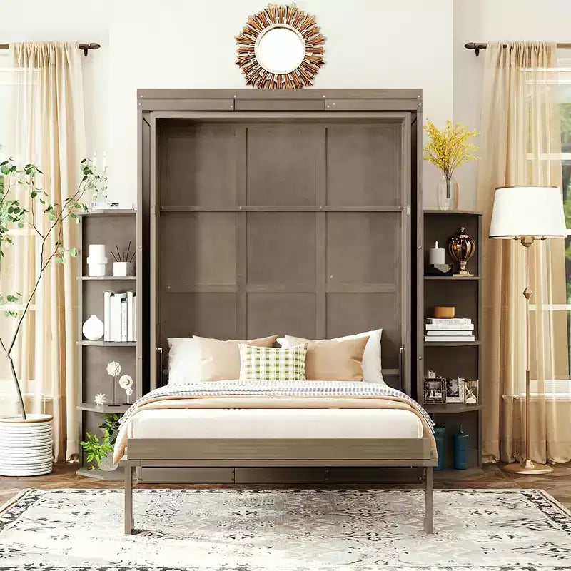 Rotating Queen Size Murphy Bed Space-Saving Wall Bed with Dual Side Shelves, Desk & Storage Racks - ModernLuxe