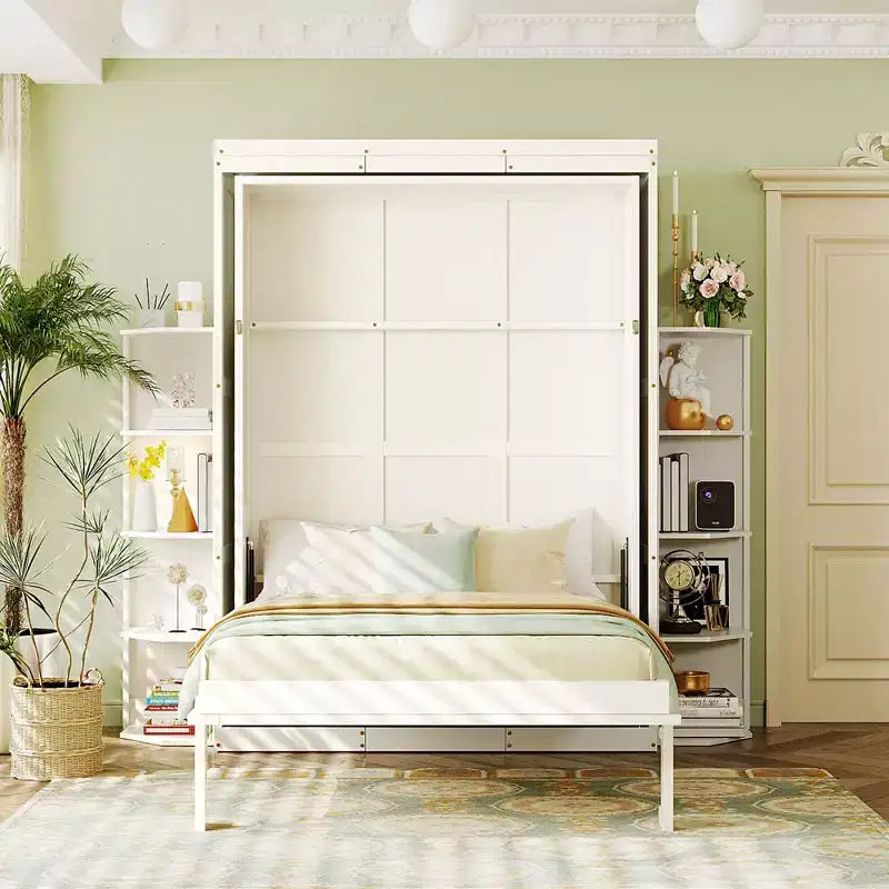 Rotating Queen Size Murphy Bed Space-Saving Wall Bed with Dual Side Shelves, Desk & Storage Racks - ModernLuxe