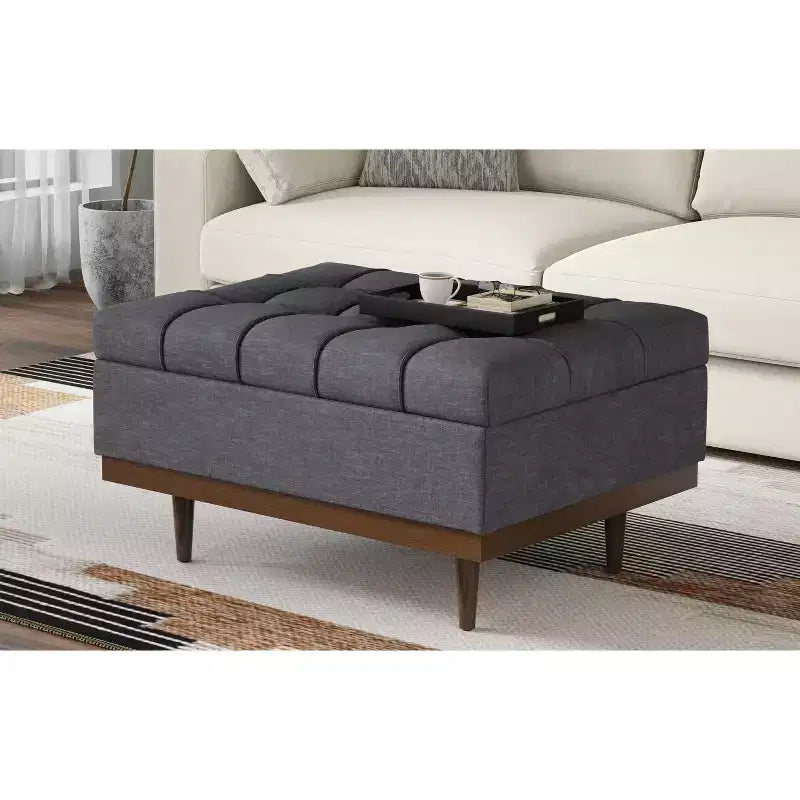 Tiana 34 inch Wide Contemporary Rectangle Storage Ottoman in Slate Grey Polyester Linen