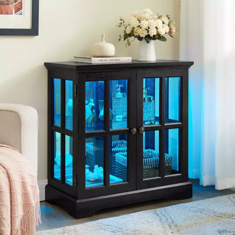 Antique Display Cabinet with Adjustable Shelves, Retro Design Quality Showcase with Lattice Doors Elegant Bookcase and Storage Cabinet for Home Decor