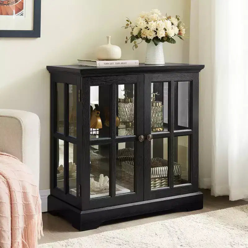 Antique Display Cabinet with Adjustable Shelves, Retro Design Quality Showcase with Lattice Doors Elegant Bookcase and Storage Cabinet for Home Decor