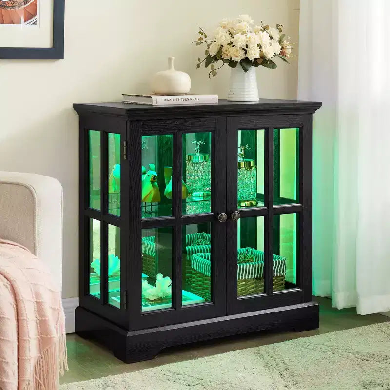 Antique Display Cabinet with Adjustable Shelves, Retro Design Quality Showcase with Lattice Doors Elegant Bookcase and Storage Cabinet for Home Decor