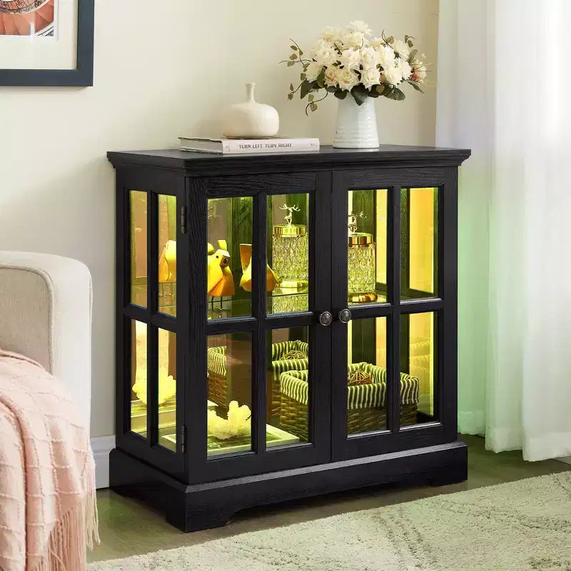 Antique Display Cabinet with Adjustable Shelves, Retro Design Quality Showcase with Lattice Doors Elegant Bookcase and Storage Cabinet for Home Decor