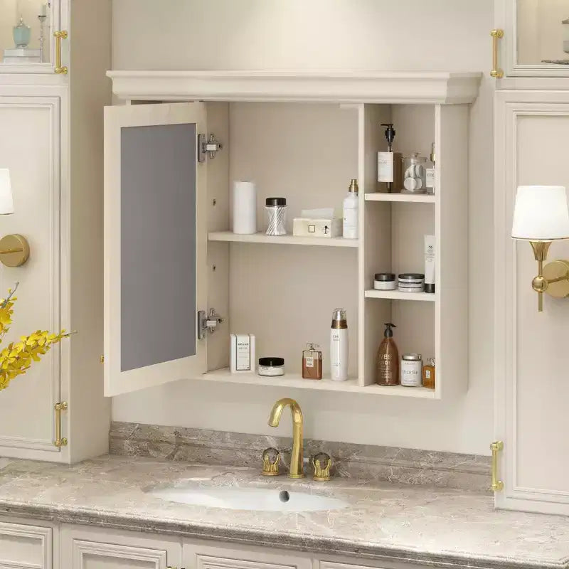 CASAINC 35 x 28 Wall Mounted Medicine Cabinet with Mirror Door and 6 Open Shelves, Modern Storage Unit