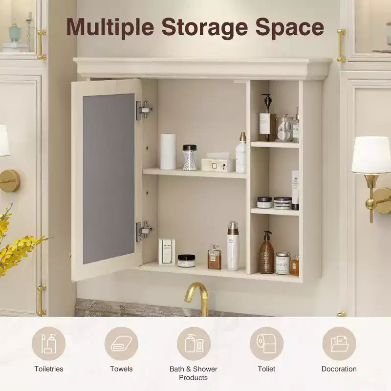 CASAINC 35 x 28 Wall Mounted Medicine Cabinet with Mirror Door and 6 Open Shelves, Modern Storage Unit