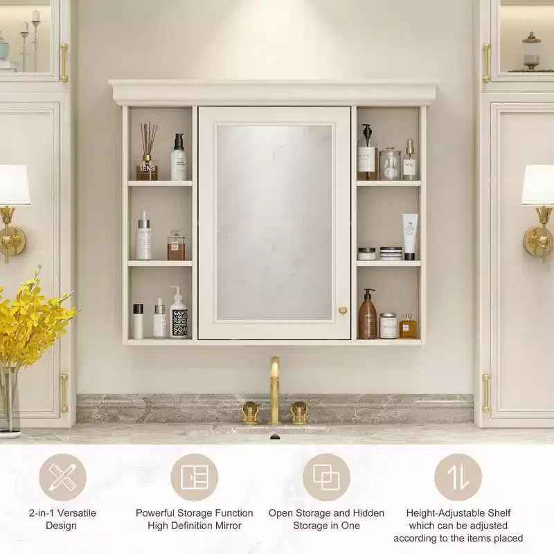 CASAINC 35 x 28 Wall Mounted Medicine Cabinet with Mirror Door and 6 Open Shelves, Modern Storage Unit
