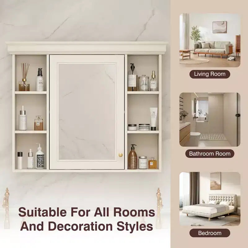 CASAINC 35 x 28 Wall Mounted Medicine Cabinet with Mirror Door and 6 Open Shelves, Modern Storage Unit