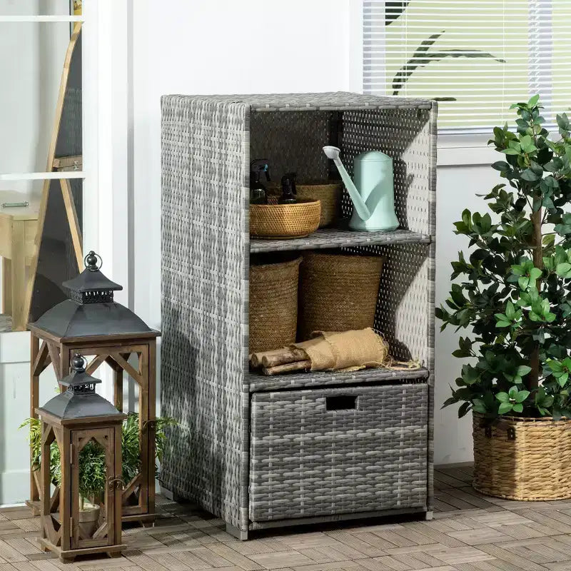 Valet Pool Towel Rack, Waterproof PE Plastic Rattan Wicker Storage Organizer, Indoor Outdoor Spa, and Hot Tub Accessory Storage, 2 Shelves