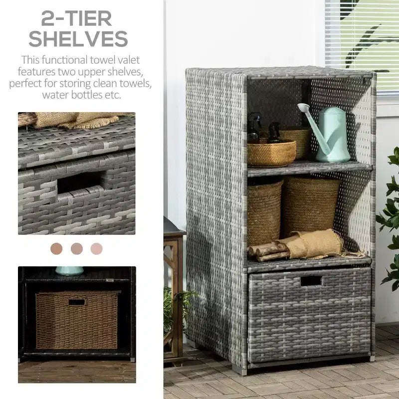 Valet Pool Towel Rack, Waterproof PE Plastic Rattan Wicker Storage Organizer, Indoor Outdoor Spa, and Hot Tub Accessory Storage, 2 Shelves