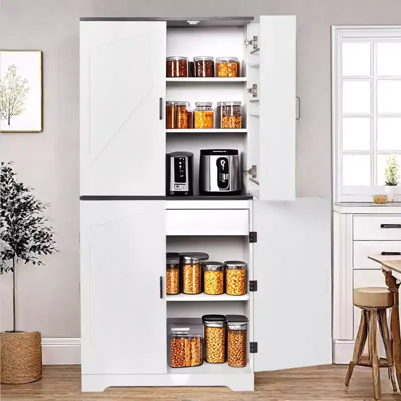AEELLEEA 67.7 White Kitchen Pantry Cabinet: Magnetic Lock & Adjustable Shelves