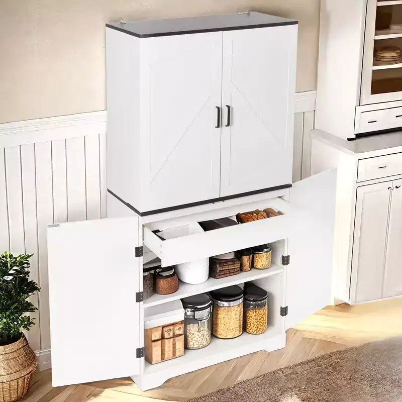 AEELLEEA 67.7 White Kitchen Pantry Cabinet: Magnetic Lock & Adjustable Shelves