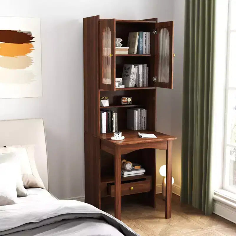 Desk Cabinet, Fold-Out Convertible Writing Table With Open Storage Shelves, 1 Drawer And 2 Glass Doors, Multi-Functional Workstation Walnut