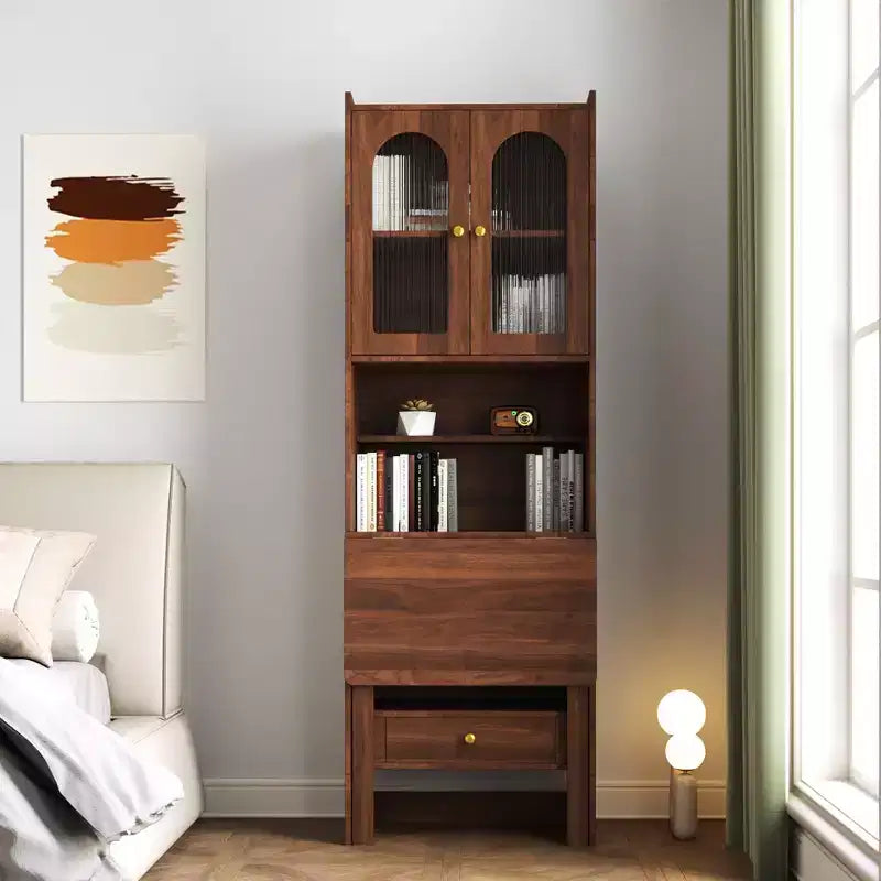 Desk Cabinet, Fold-Out Convertible Writing Table With Open Storage Shelves, 1 Drawer And 2 Glass Doors, Multi-Functional Workstation Walnut