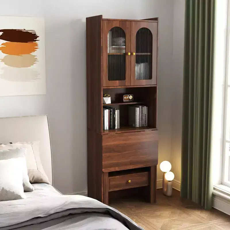 Desk Cabinet, Fold-Out Convertible Writing Table With Open Storage Shelves, 1 Drawer And 2 Glass Doors, Multi-Functional Workstation Walnut