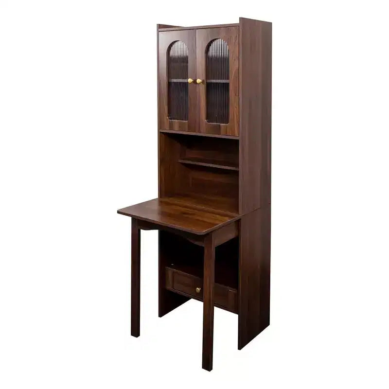 Desk Cabinet, Fold-Out Convertible Writing Table With Open Storage Shelves, 1 Drawer And 2 Glass Doors, Multi-Functional Workstation Walnut