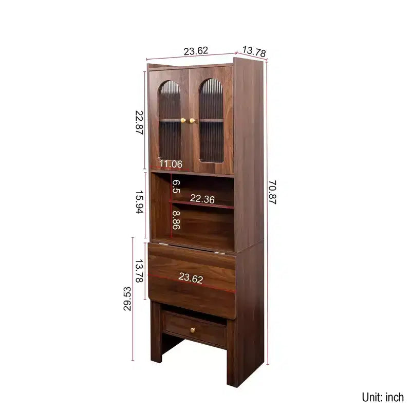 Desk Cabinet, Fold-Out Convertible Writing Table With Open Storage Shelves, 1 Drawer And 2 Glass Doors, Multi-Functional Workstation Walnut