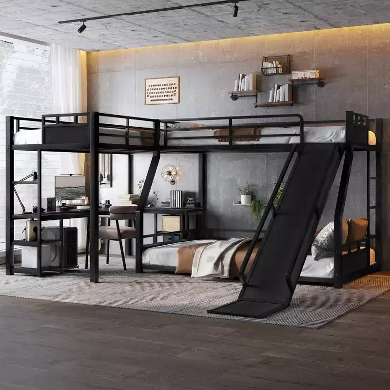 Bellemave L-Shaped Metal Bunk Bed with Loft Bed, Desk, and Storage Shelves Metal Triple Bunk Bed with Slide, Space-Saving and Quiet Design, Black