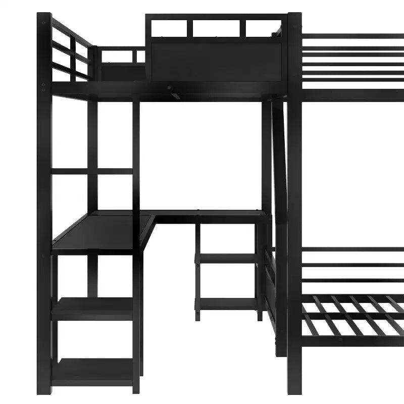 Bellemave L-Shaped Metal Bunk Bed with Loft Bed, Desk, and Storage Shelves Metal Triple Bunk Bed with Slide, Space-Saving and Quiet Design, Black