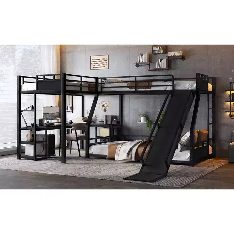 Bellemave L-Shaped Metal Bunk Bed with Loft Bed, Desk, and Storage Shelves Metal Triple Bunk Bed with Slide, Space-Saving and Quiet Design, Black