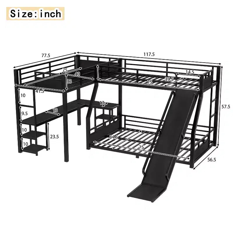 Bellemave L-Shaped Metal Bunk Bed with Loft Bed, Desk, and Storage Shelves Metal Triple Bunk Bed with Slide, Space-Saving and Quiet Design, Black