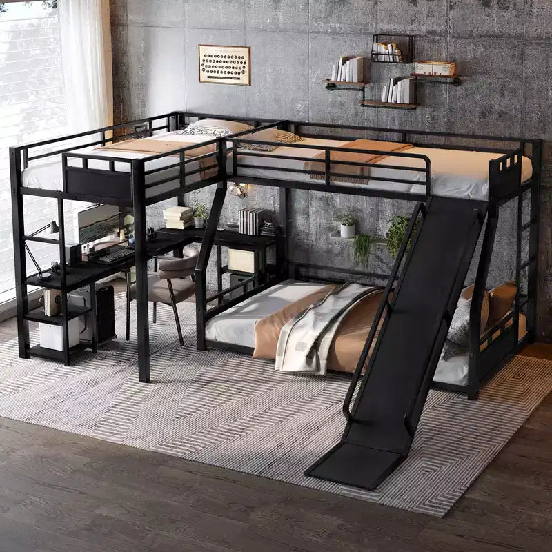 Bellemave L-Shaped Metal Bunk Bed with Loft Bed, Desk, and Storage Shelves Metal Triple Bunk Bed with Slide, Space-Saving and Quiet Design, Black