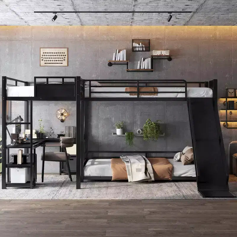 Bellemave L-Shaped Metal Bunk Bed with Loft Bed, Desk, and Storage Shelves Metal Triple Bunk Bed with Slide, Space-Saving and Quiet Design, Black