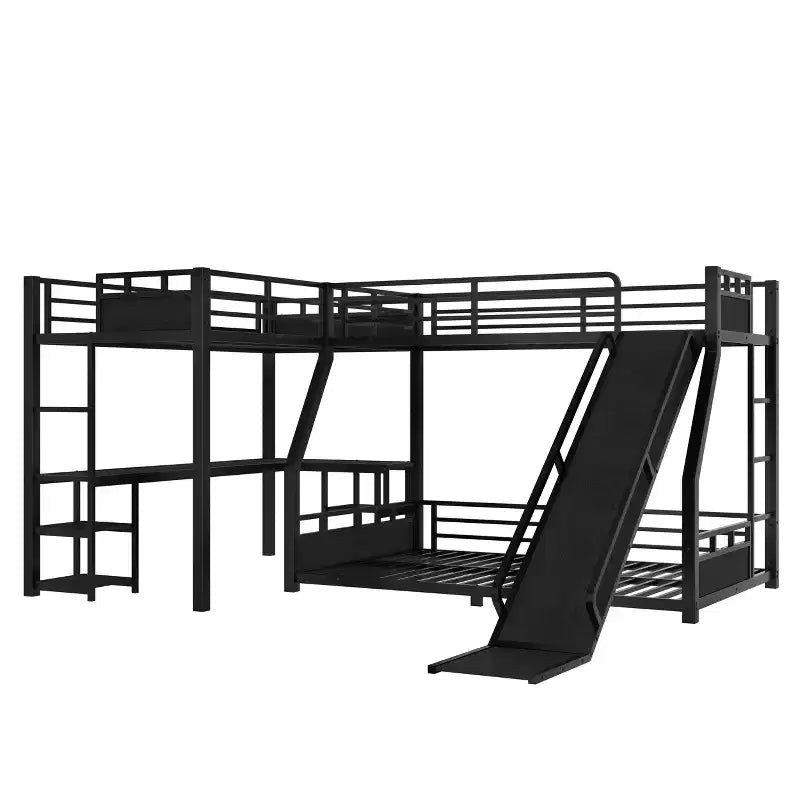 Bellemave L-Shaped Metal Bunk Bed with Loft Bed, Desk, and Storage Shelves Metal Triple Bunk Bed with Slide, Space-Saving and Quiet Design, Black