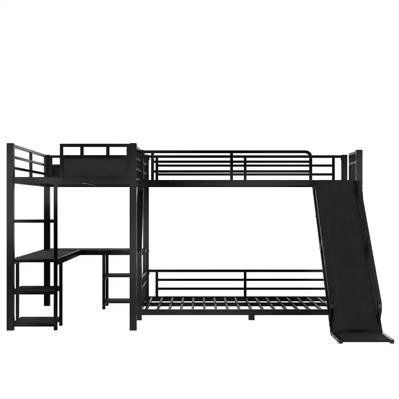 Bellemave L-Shaped Metal Bunk Bed with Loft Bed, Desk, and Storage Shelves Metal Triple Bunk Bed with Slide, Space-Saving and Quiet Design, Black