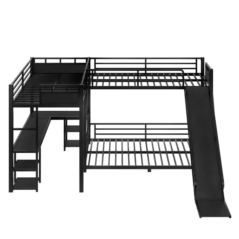 Bellemave L-Shaped Metal Bunk Bed with Loft Bed, Desk, and Storage Shelves Metal Triple Bunk Bed with Slide, Space-Saving and Quiet Design, Black