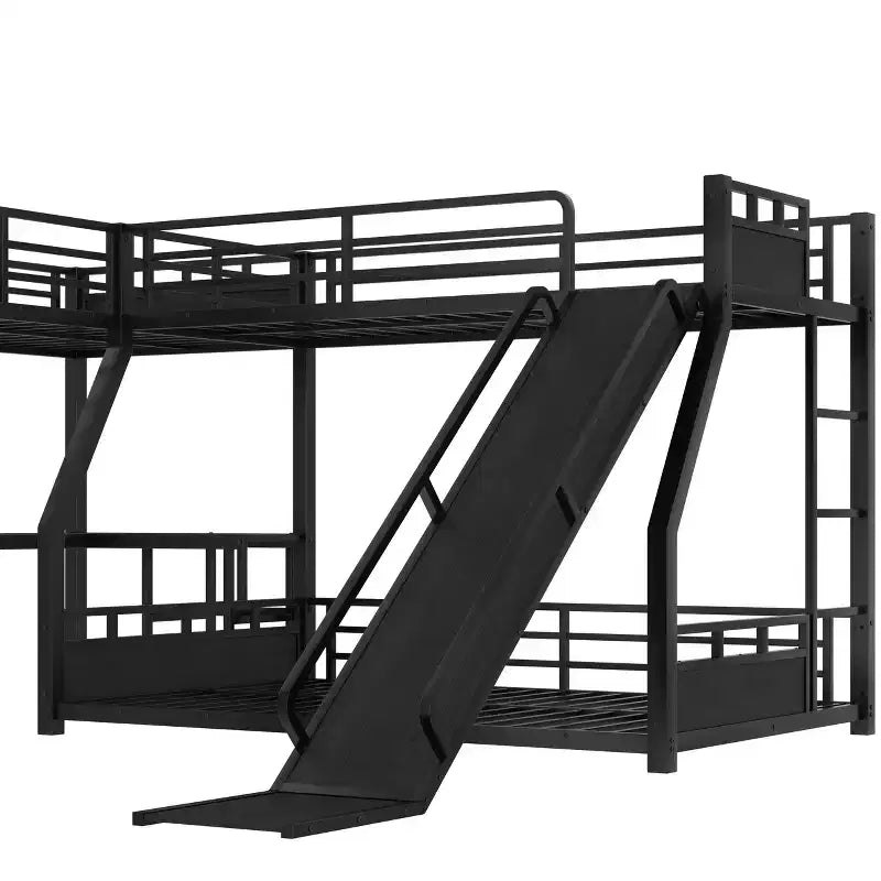 Bellemave L-Shaped Metal Bunk Bed with Loft Bed, Desk, and Storage Shelves Metal Triple Bunk Bed with Slide, Space-Saving and Quiet Design, Black