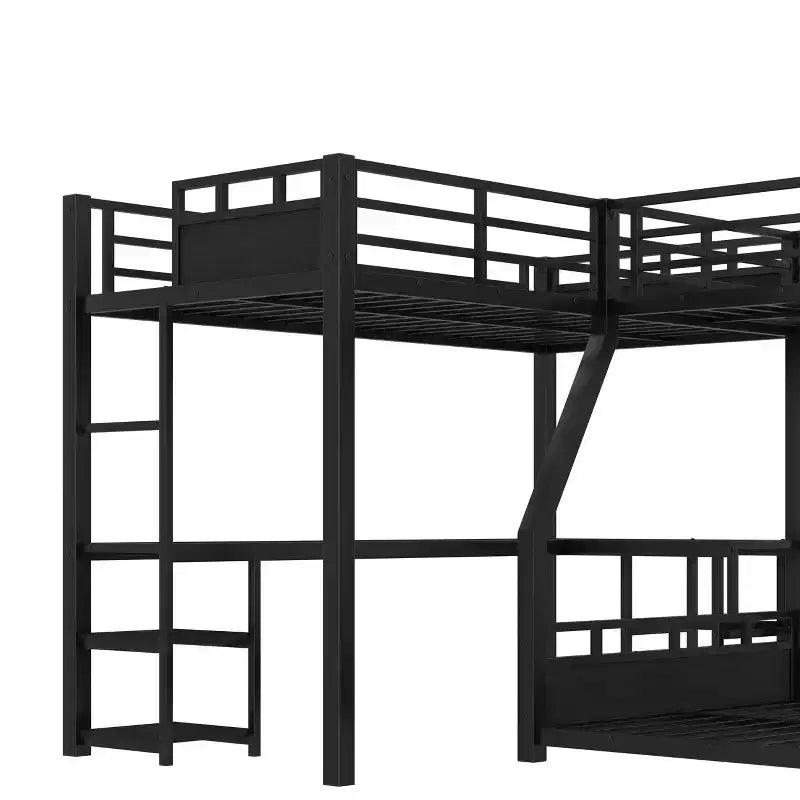 Bellemave L-Shaped Metal Bunk Bed with Loft Bed, Desk, and Storage Shelves Metal Triple Bunk Bed with Slide, Space-Saving and Quiet Design, Black