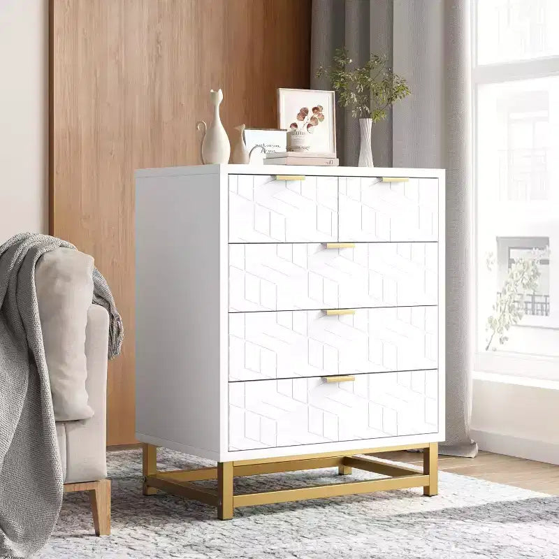 5 Drawers Dresser, Large Dresser for Bedroom, Chest of Drawers with Metal Base, Modern Dresser Chest Cabinet Organizer for Living Room, Hallway