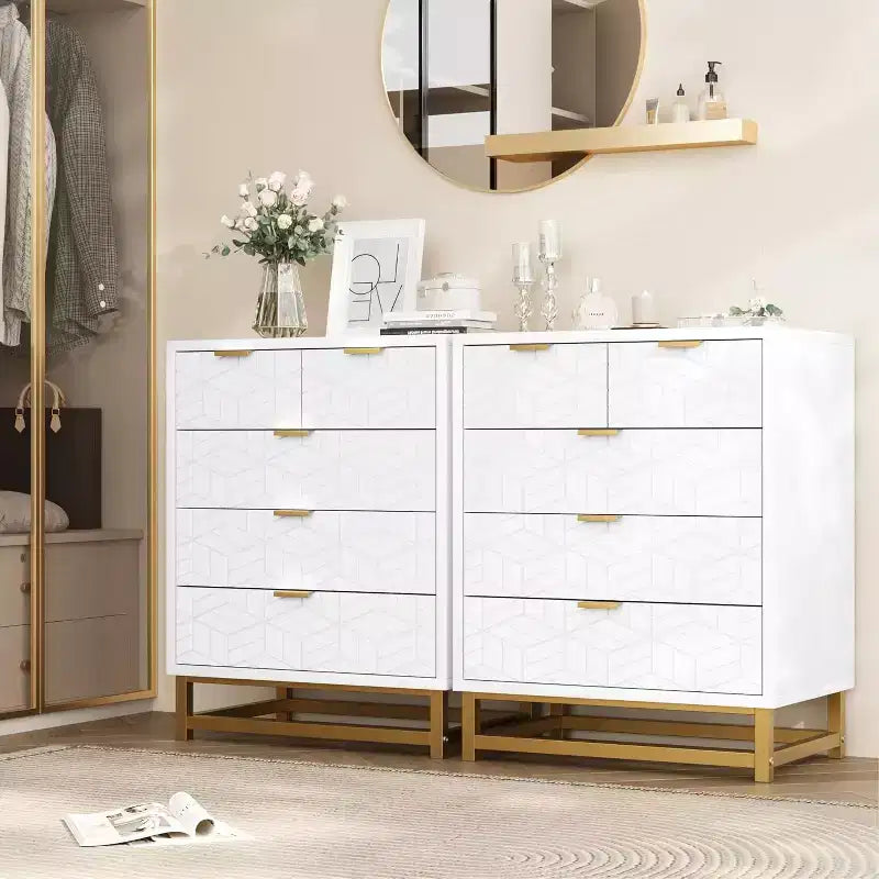 5 Drawers Dresser, Large Dresser for Bedroom, Chest of Drawers with Metal Base, Modern Dresser Chest Cabinet Organizer for Living Room, Hallway