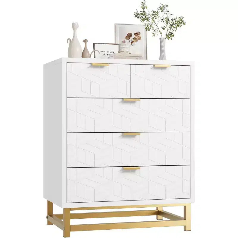 5 Drawers Dresser, Large Dresser for Bedroom, Chest of Drawers with Metal Base, Modern Dresser Chest Cabinet Organizer for Living Room, Hallway