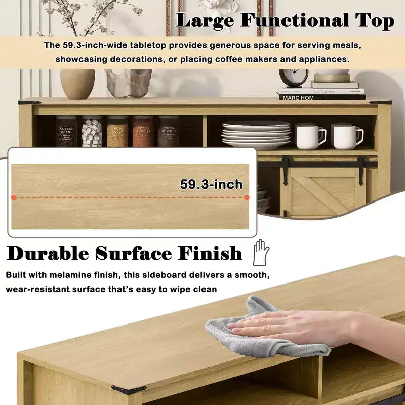 59.3in Sideboard with Sliding Barn Door & Mesh Panels, Farmhouse Buffet Table for Living Room Dining Room Hallway Balcony Kitchen Office