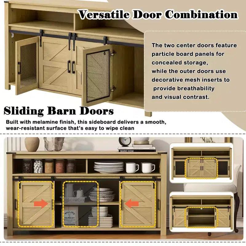 59.3in Sideboard with Sliding Barn Door & Mesh Panels, Farmhouse Buffet Table for Living Room Dining Room Hallway Balcony Kitchen Office